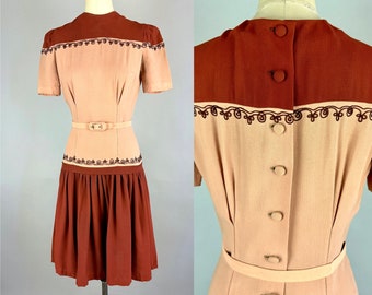 1940s Darling Damsel Dress | Vintage 40s Brown and Dusty Pink Color Block Rayon Crepe Frock with Soutache Belt and Button Back | Small