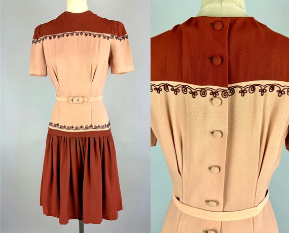 1940s Darling Damsel Dress | Vintage 40s Brown and Dusty Pink Color Block Rayon Crepe Frock with Soutache Belt and Button Back | Small