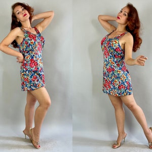 1930s Betty's Bouquet Romper Vintage 30s Bright Blue Yellow Red Pink Green Floral Roses Rayon Jersey Playsuit Large Extra Large XL image 7