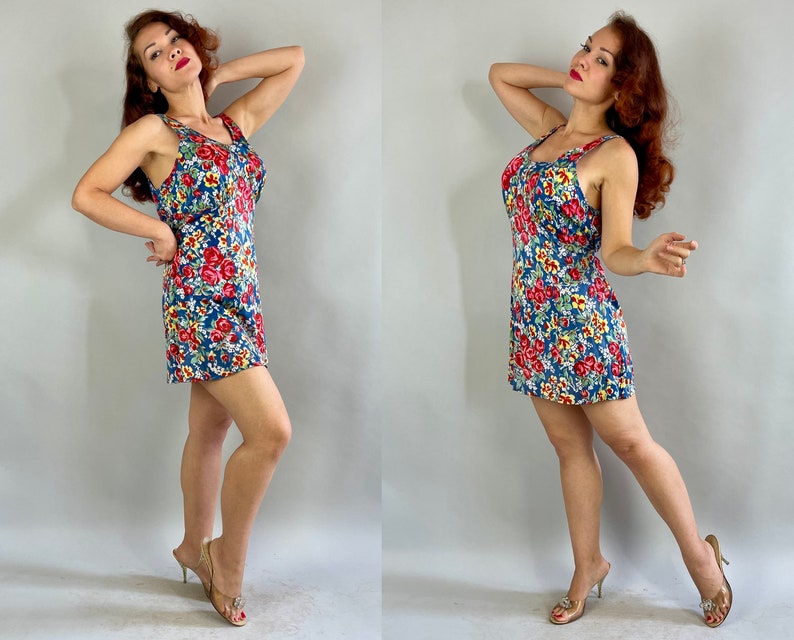 1930s Betty's Bouquet Romper Vintage 30s Bright Blue Yellow Red Pink Green Floral Roses Rayon Jersey Playsuit Large Extra Large XL image 7