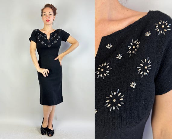 1950s Bursts of Beads Knit Dress | Vintage 50s Black Wool Cocktail Curve Hugging Knitwear LBD Frock with Pearls and Beading | Small Medium