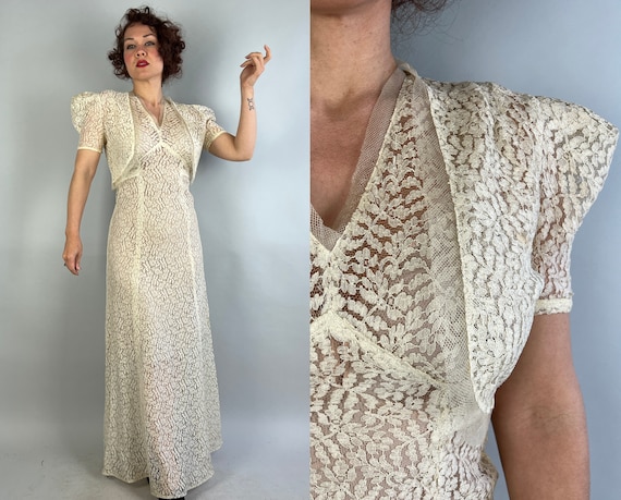 1930s Lady in Lace Dress Set | Vintage 30s Sheer White Net Floral Floor Length Two-Piece Gown and Puff Sleeve Bolero Ensemble | Small