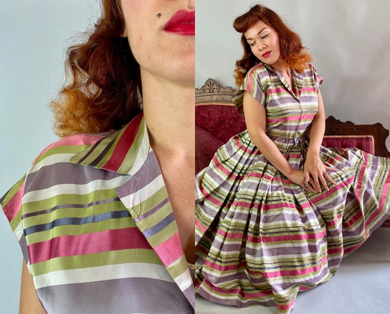 1940s Sassy Striped Dress | Vintage 40s Hot Pink S