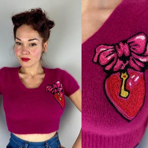 1950s Key To Your Heart Cropped Sweater | Vintage 50s Pink Angora Halo Knit Pullover Jumper w/Chainstitch Embroidery | Small Extra Small XS