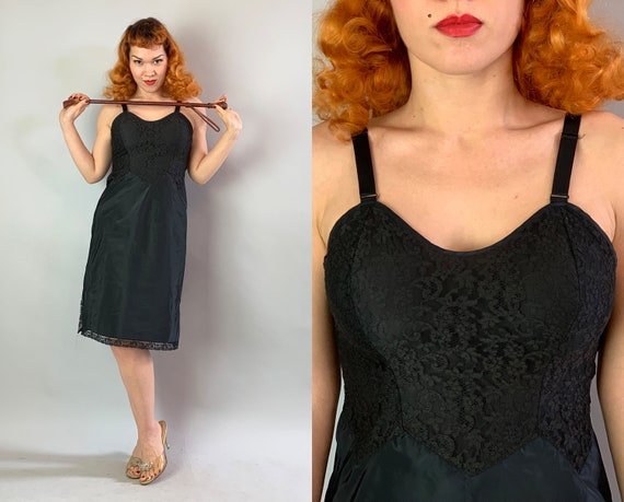 1940s Bettie Page Slip | Vintage 40s Black Lace Ta