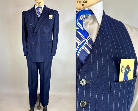 1940s Gorgeous Gangster Suit | Vintage 40s 3 Piece Blue w/White Pinstripes Wool Peak Lapel Jacket Vest & Pants Dated 1946!  | Size 38 Medium