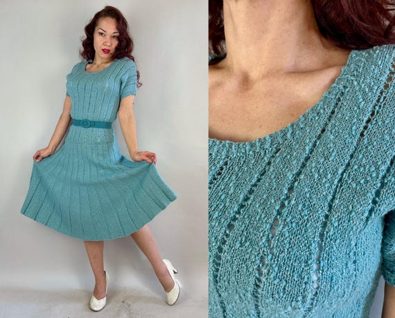 1950s Age of Aquarius Dress | Vintage 50s Blue Wool and Sparkly Silver Lurex Short Sleeve Boucle Rib Knit Frock | Small Medium Large