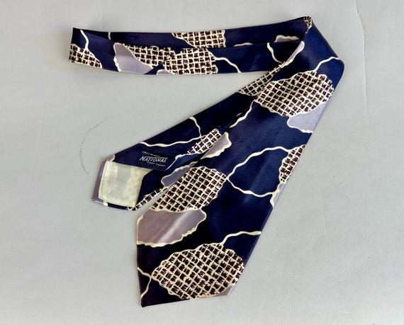 1940s Clouds Roll By Necktie | Vintage 40s Navy Blue Silk Satin Wide Self Tie Cravat with Cloudy Poofs in Brown White and Lavender