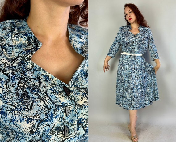 1940s Impressionistic Water Ways Frock | Vintage 40s Blue Black and White Rayon Jersey Day Dress with Rhinestone Horseshoes | XL Extra Large
