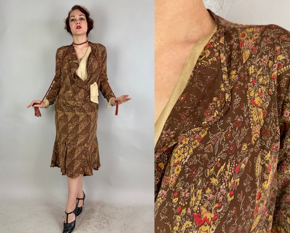 1920s Fun and Frivolous Frock | Vintage 20s Brown Yellow Pink Red and Ivory Floral Animal Novelty Print Dress with Flutter Skirt | Small