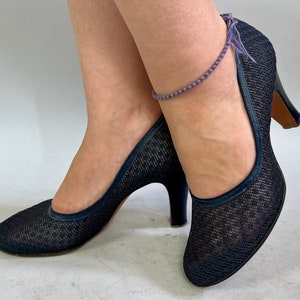 1950s Lovely in Lace Pumps | Vintage 50s Navy Blue Mesh See Through Summer Shoes with Patent Leather High Heels | Size US 7.5 7&1/2