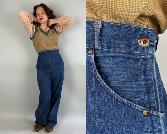 1950s Rebel Rachel Blue Jeans | Vintage 50s Classic Denim Cotton Pants with Orange Top Stitching and Metal Side Zipper | Extra Large XL