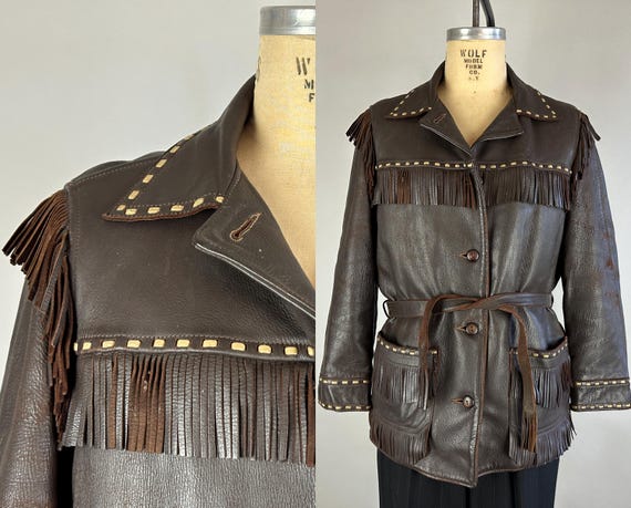 1940s Out on the Range Jacket | Vintage 40s Dark Brown Deerskin and Ivory Leather Two Tone Fringe Cowboy Western Coat with Belt | Medium