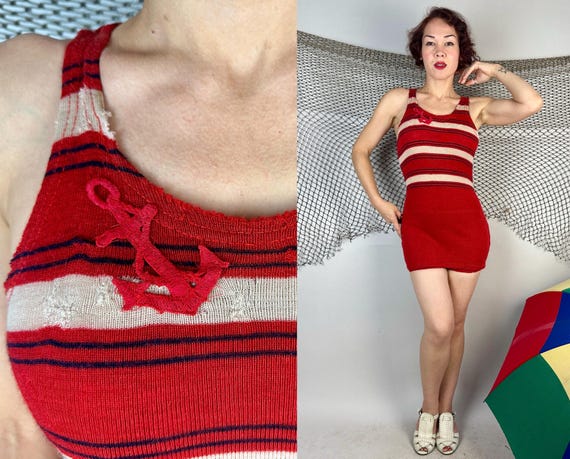 1920s Anchors Away Swimsuit | Vintage Antique 20s Red White and Blue Stripes Wool Knit Bathing Suit with Anchor Patch | Small Medium