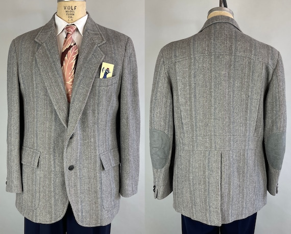 1930s Style Belted Back Jacket | 70s-does-30s Grey Herringbone Wool Tweed Belt Back Blazer Sport Coat by Pendleton | Size 44 Extra Large XL