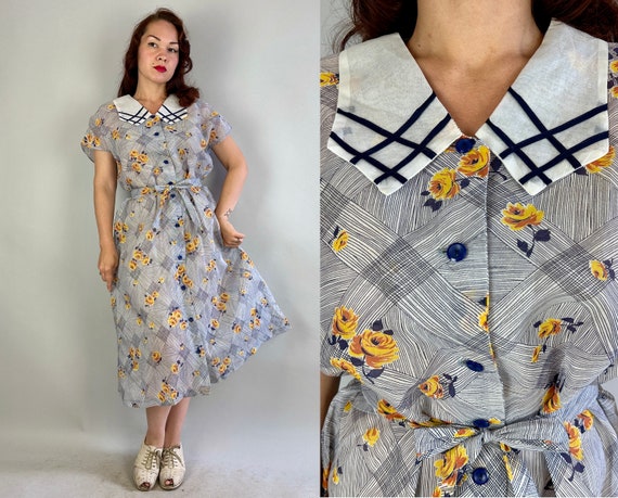 1940s Yellow Rose of Friendship Frock | Vintage 40s Blue and White Cotton Voile Floral Summer Button Up Dress with Belt NOS | Extra Large XL