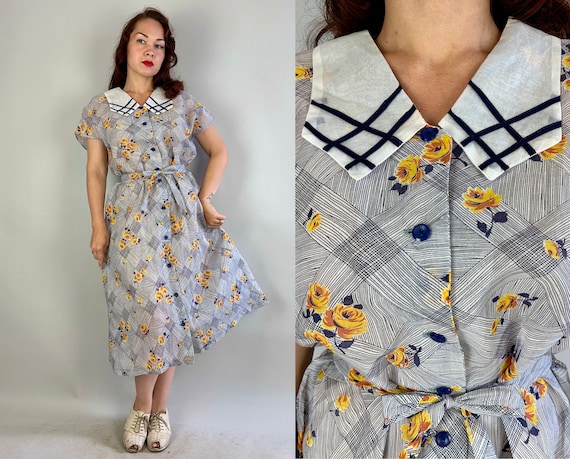 1940s Yellow Rose of Friendship Frock | Vintage 40s Blue and White Cotton Voile Floral Summer Button Up Dress with Belt NOS | Extra Large XL