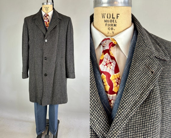1950s Sophisticated Overcoat | Vintage 50s Mens Heavy Black Wool Coat with White Checks Notch Lapel and Single Vent | Size 42 Large
