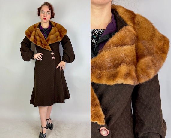 1930s Decadently Deco Coat | Vintage 30s Dark Brown Woven Texture Wool Overcoat with Dramatic Fur Collar and Poet Sleeves | Medium Large