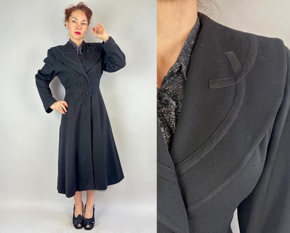 1940s Raven's Flight Princess Coat  | Vintage 40s Black Wool Double Breasted Shawl Collar Pleated Belted Back Overcoat | Small Medium