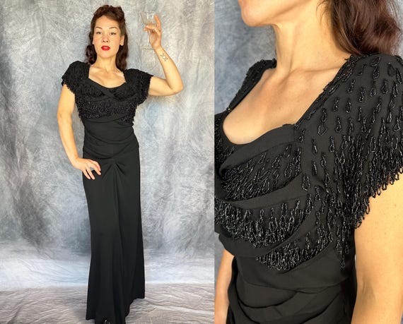 1940s Adoring Audience "Adrian" Gown | Vintage 40s Black Rayon Evening Dress by Hollywood Designer with Beaded Fringe & Hip Pleats | Medium