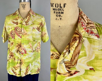 1950s Birds of Paradise Shirt | Vintage 50s Rayon Hawaiian Palm Tree Flowers Short Sleeve Button Up in Chartreuse, Brown and White | Large