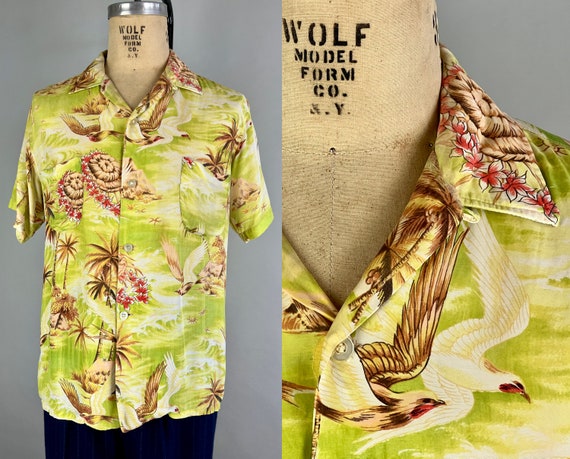 1950s Birds of Paradise Shirt | Vintage 50s Rayon Hawaiian Palm Tree Flowers Short Sleeve Button Up in Chartreuse, Brown and White | Large