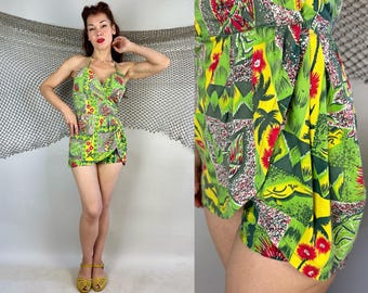 1950s Popping Paradise Playsuit Set | Vintage 50s Green Yellow Red Cotton Tropical Floral Tiki Wrap Top and Short Shorts | Small Medium