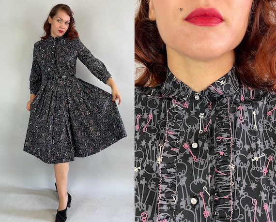 1940s Key to Your Heart Dress | Vintage 40s Black Grey White Pink Skeleton Keys Novelty Print Frock with Ruffles & Rhinestones | Medium