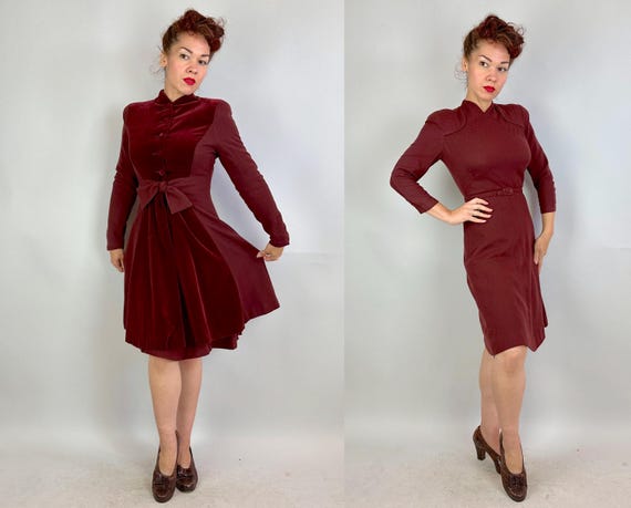 1930s Deco Diva Dress Ensemble | Vintage 30s Burgundy Red Wool Crepe & Velvet Frock Hat Belt and Redingote Coat Jacket 4-Piece Set | Small