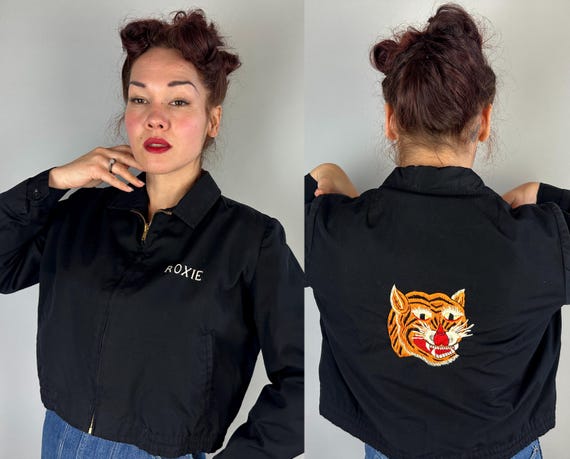 1950s Eye of The Tiger Jacket | Vintage 50s Coated Cotton Zip Up Cropped Bad Girl Windbreaker w/Embroidered Wild Cat | Large Extra Large XL