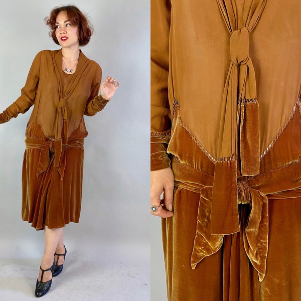 1920s Pennies From Heaven Dress | Vintage Antique 20s Copper Silk Chiffon and Velvet Frock w/Dropped Waist Kerchief Tie | Medium/Large