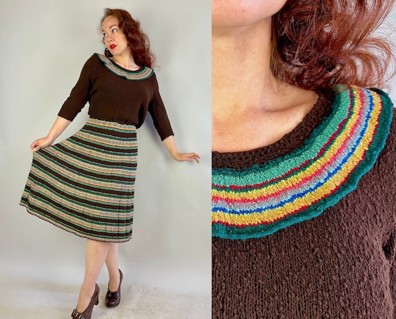 1940s Fiesty Fiesta Frock | Vintage 40s Brown Boucle Wool Knit Full Skirt Frock w/ Stripes of Lurex, Green Yellow Pink & Blue | Small Medium