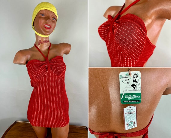 1940s Hello Dotty! Swimsuit | Vintage 40s NWT Fire Engine Red Rayon Cotton Knit Sweetheart Bust Bathing Suit w/White Striping | Small Medium
