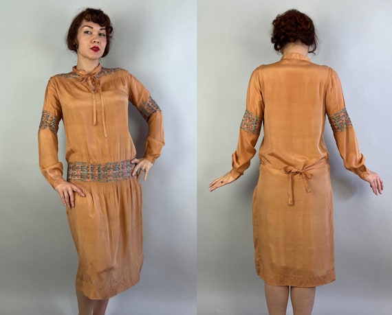 1920s Pretty in Peach Peasant Dress | Vintage 20s Orange Silk  
