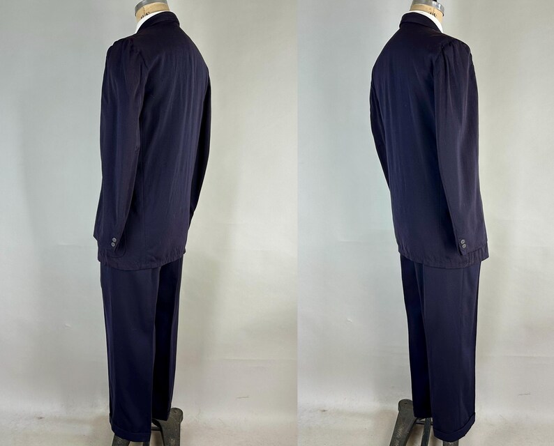 1950s Smart Supper Suit | Vintage 50s Blue Wool Single Breasted After Dinner Button Jacket & Hollywood Waist Trousers | Size 40 Medium image 5