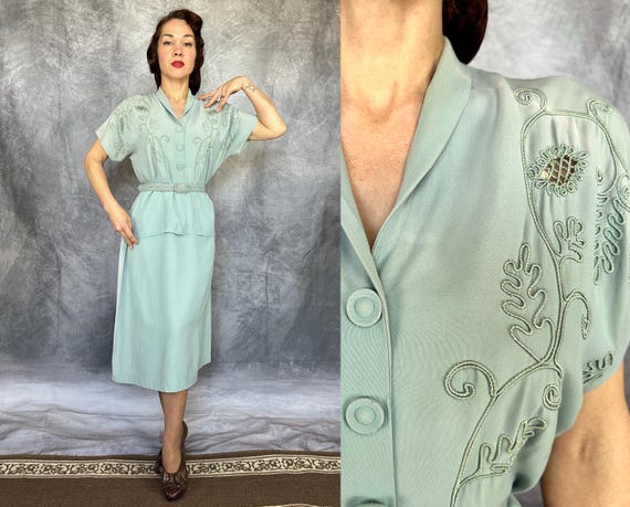 1940s Blue Skies Are Here Again Dress | Vintage 40s Sky Blue Rayon Crepe Frock with Openwork Soutache Vines & Peplum | Extra Large XL