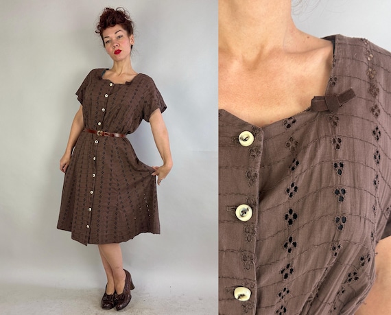 1950s Charlotte's Chocolate Day Dress | 50s Brown Cotton Eyelet Embroidered Short Sleeve Button Down Volup Frock with Bows | Extra Large XL