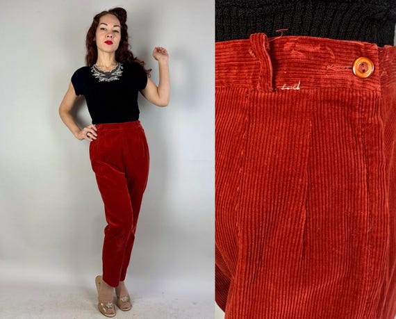 1950s Mama Mia Marinara Cigarette Pants | Vintage 50s Red Corduroy High Waisted Tapered Bad Girl Trousers w/Side Zip | Medium