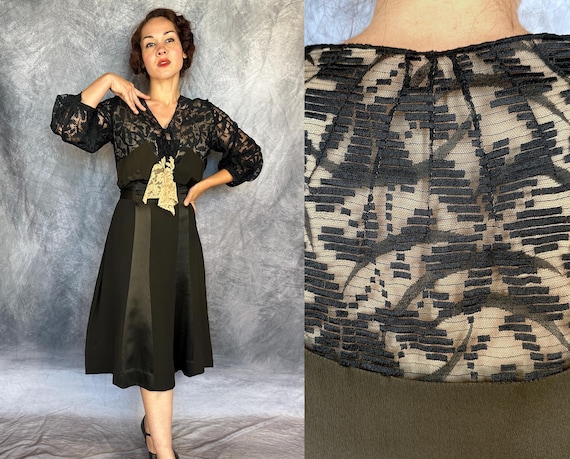 1930s Deco Delight Dress | Vintage 30s Black Silk Crepe and Lace Frock with Jabot Ties Cummerbund Waist and Satin Stripes | Medium