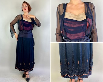 1910s Elegant Eloise Dress | Vintage Teens Antique Edwardian Layered Navy Blue Sheer Chiffon Tea Frock w/Beads Pink Silk and Sash | Medium