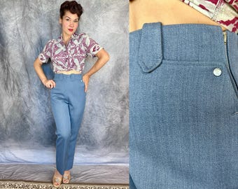 1950s Set The Bar Western Pants | Vintage 50s Heathered Dusty Blue Wool Cowgirl Side Zip Slacks Trousers w/Pearl Snaps Pockets | Small