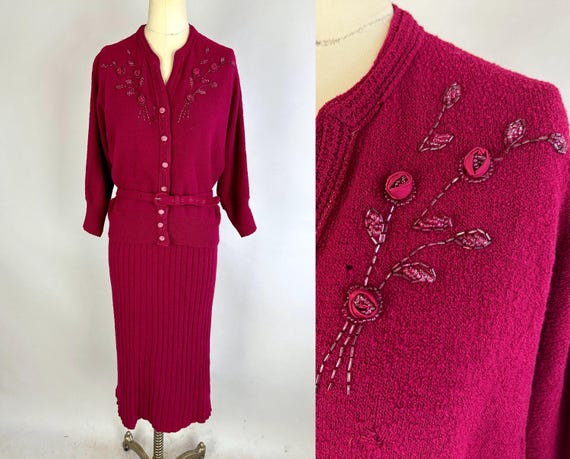 1950s Cutie in Cranberry Knit Set| Vintage 50s Pinky Red Boucle Wool Knitwear Floral Beaded Cardigan Skirt & Belt | Medium Large Extra Large