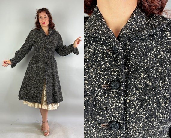 1940s New Look New You Coat | Vintage 40s Black + White Slubby Flecked Wool Princess Overcoat w/Full Skirt & Pockets | Small Extra Small XS