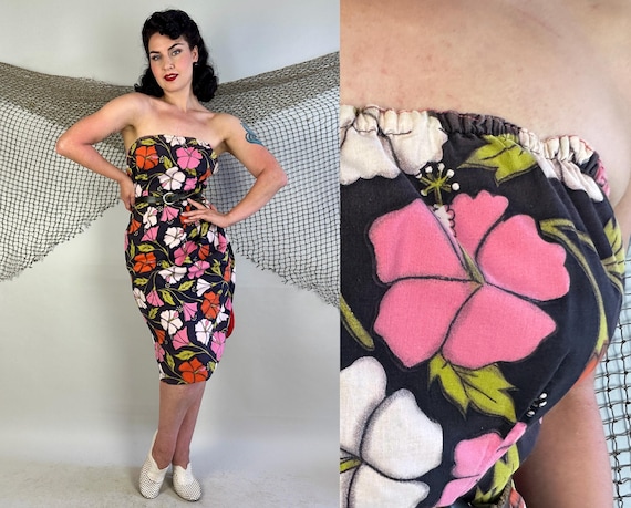 1950s Its Too Darn Hot Hibiscus Coverup Dress | Vintage 50s Black Pink Orange & Green Tropical Flower Cotton Hawaiian Sarong | Medium