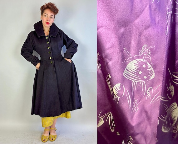 1950s Dovima's Divine "New Look" Coat | Vintage 50s Black Red Highlight Long Nap Wool Princess Overcoat with Convertible Collar | Small