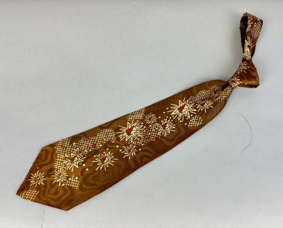 1940s Flashy Fireworks Necktie | Vintage 40s Bronze Smoke Rings Brocade with Bursting Explosions of Crimson and White Wide Silk Self Tie