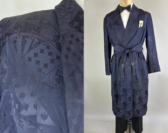 1940s Luck Be a Lady Tonight Dressing Robe | Vintage 40s Navy Blue Rayon with Tone on Tone Playing Cards Poker Pattern | Medium Large