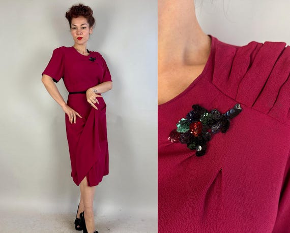 1940s Fun Times in Fuchsia Frock | Vintage 40s Rayon Crepe Cocktail Dress with Gelatin Sequins and Darted Wrap Skirt | Extra Large XL