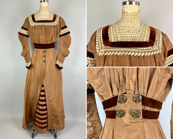 1800s Pretty Penny Dress | Antique Victorian Copper Brown Silk Taffeta with Ivory Lace Accents and Bronze Velvet Stripes Gown | Small